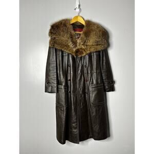 24K Leather by Dan Di Modes Vtg Trench Leather Coat Fur Women 14 70s Mob Wife